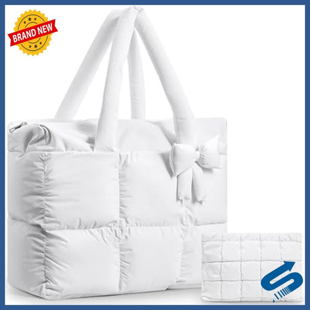 Large Puffer Tote Bag Quilted Nylon Lightweight Zipper Satchel Purse